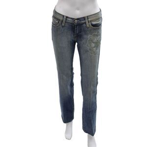 Carlos Miele Womens Straight Floral Blue Cotton Jeans Mid Rise 30 Size 36